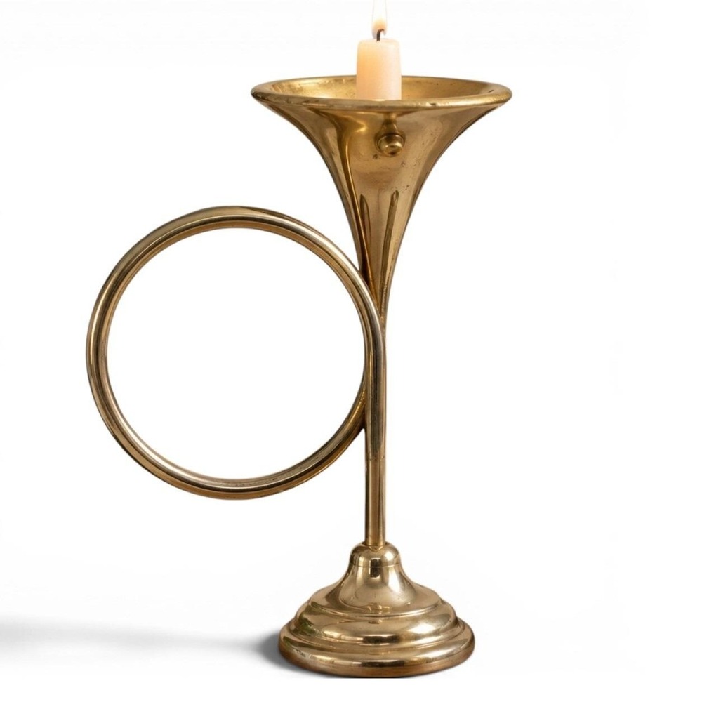 Vintage Bombay Company Solid Brass French Horn Candlestick Holder 9" 1.3 lbs - Picture 2 of 10
